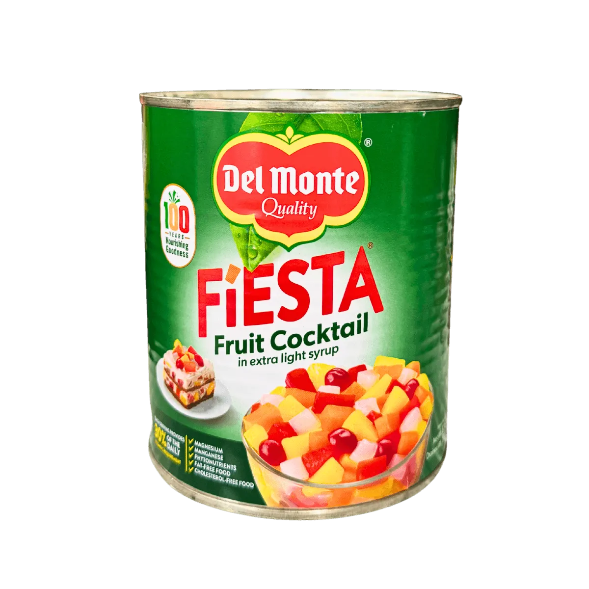 A colorful can of fiesta fruit cocktail featuring a mix of tropical fruits like pineapple, peaches, and cherries.