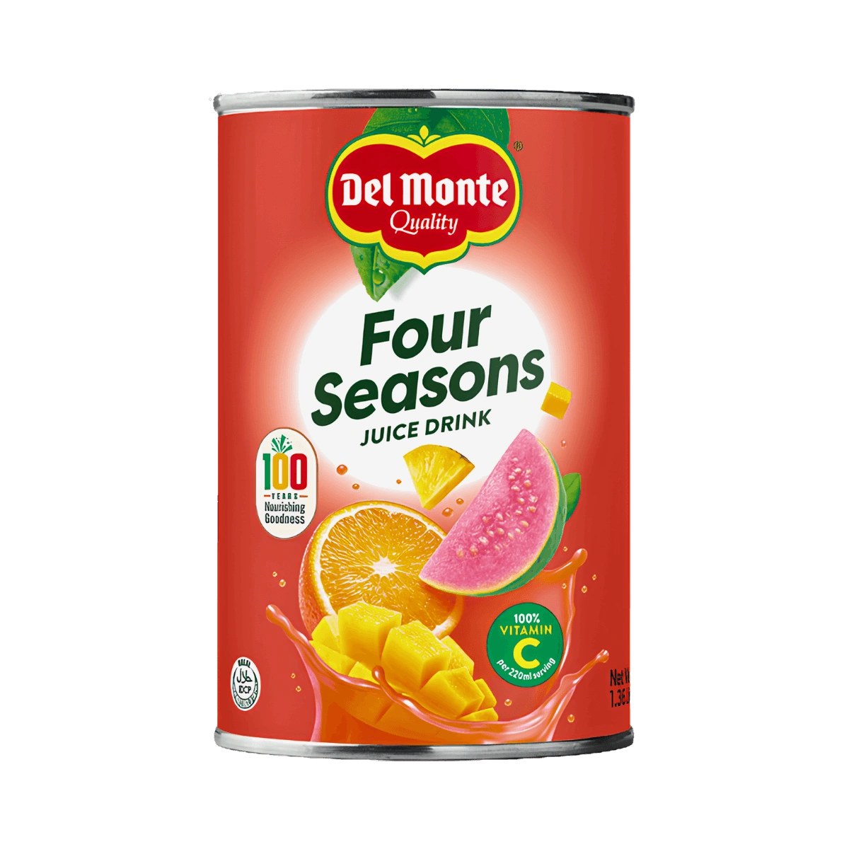 A can of Four Seasons juice featuring vibrant fruit illustrations representing various flavors.