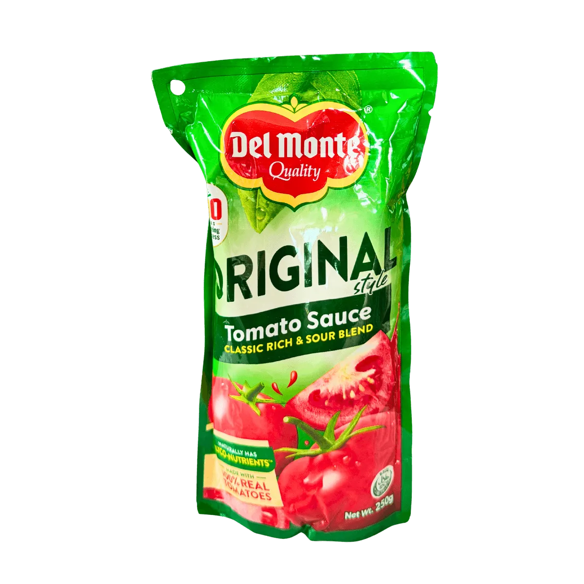 A close-up of Del Monte Original Tomato Sauce package, highlighting the bold red label and the thick, luscious tomato sauce.