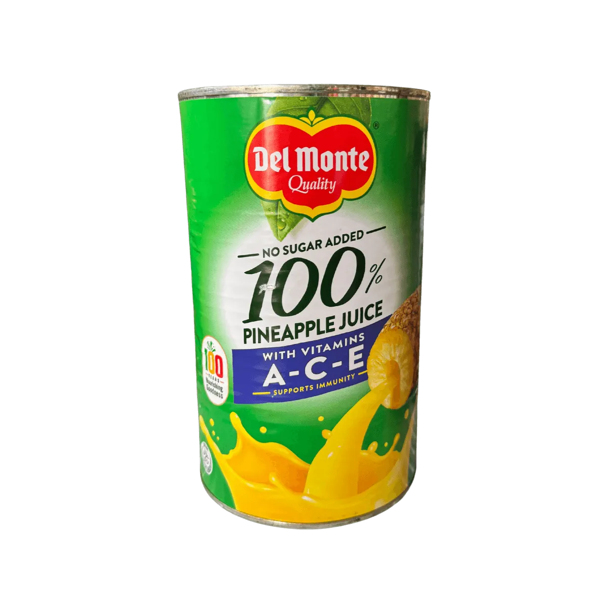 A bottle of 100% pineapple juice by a dietitian, emphasizing its natural ingredients and bright yellow hue.