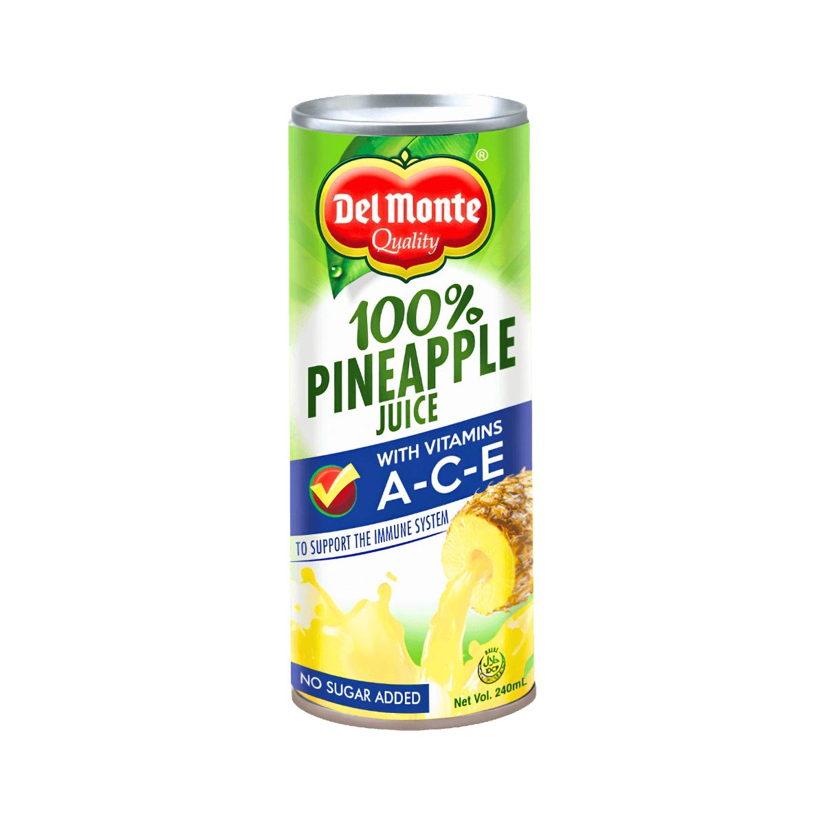 Del Monte 100% pineapple juice can featuring vibrant yellow packaging with a pineapple graphic.