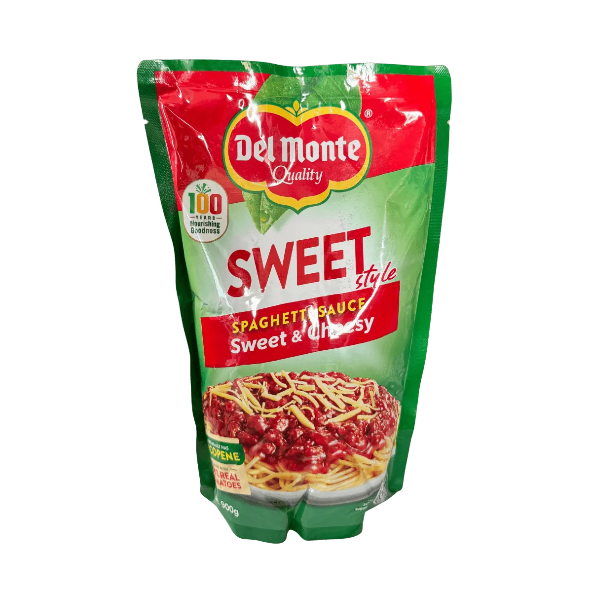 A packaging of Del Monte sweet and cheesy spaghetti, featuring vibrant red sauce and garnished with vegetables.