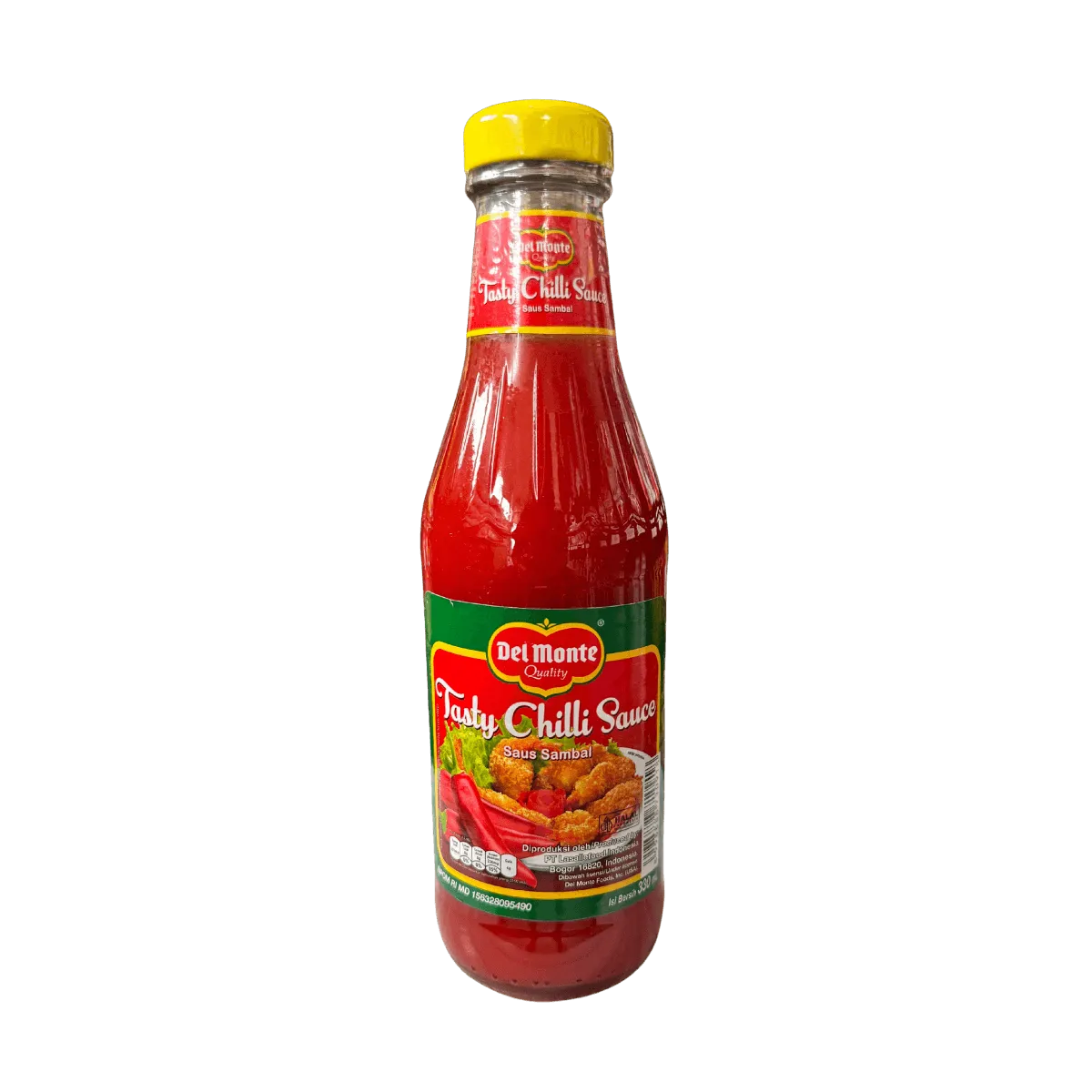 A bottle of hot chili sauce with a vibrant label, set against a solid black background.