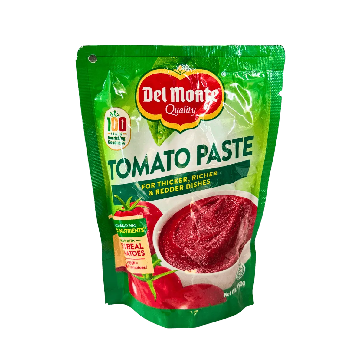 A pouch of tomato paste set on a white background, showcasing the product's rich red hue and branding.