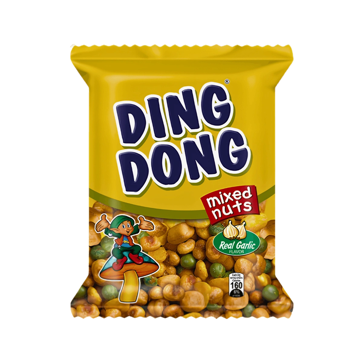 A bag of Ding Dong mixed nuts featuring a variety of nuts, including almonds, cashews, and peanuts, displayed on a white background.