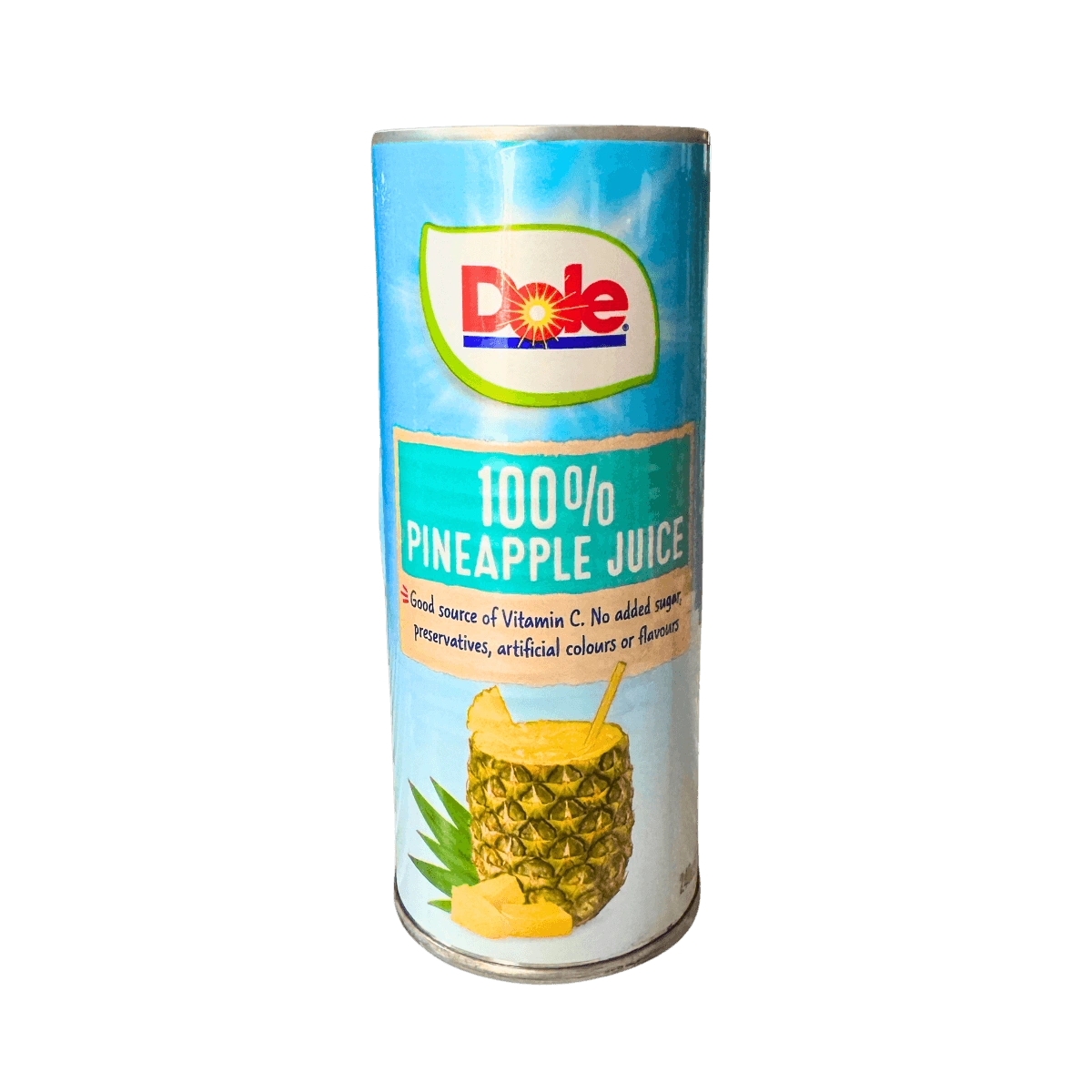 A can of pineapple juice displayed against a solid black background.