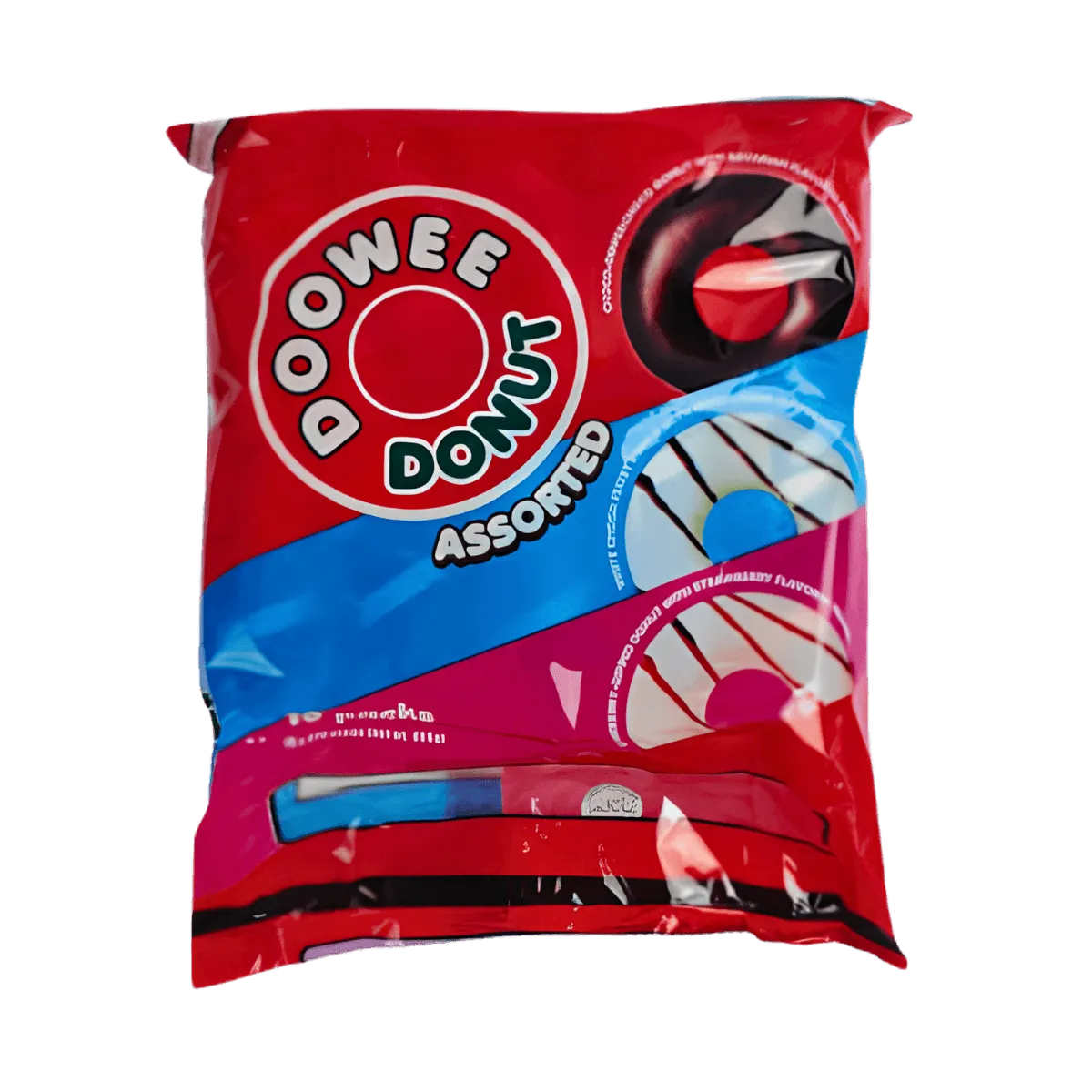 A bag of Doo-Wee donuts featuring a colorful design and a clear window showcasing the assorted donuts inside.