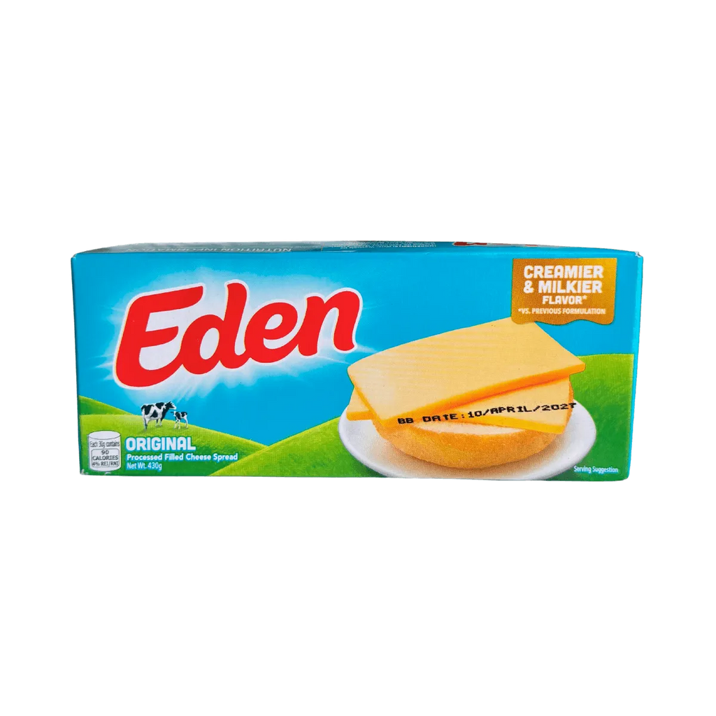 Eden cheese slices arranged neatly on a white background, showcasing their smooth texture and packaging.