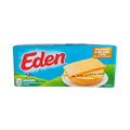 Eden cheese slices arranged neatly on a white background, showcasing their smooth texture and packaging.