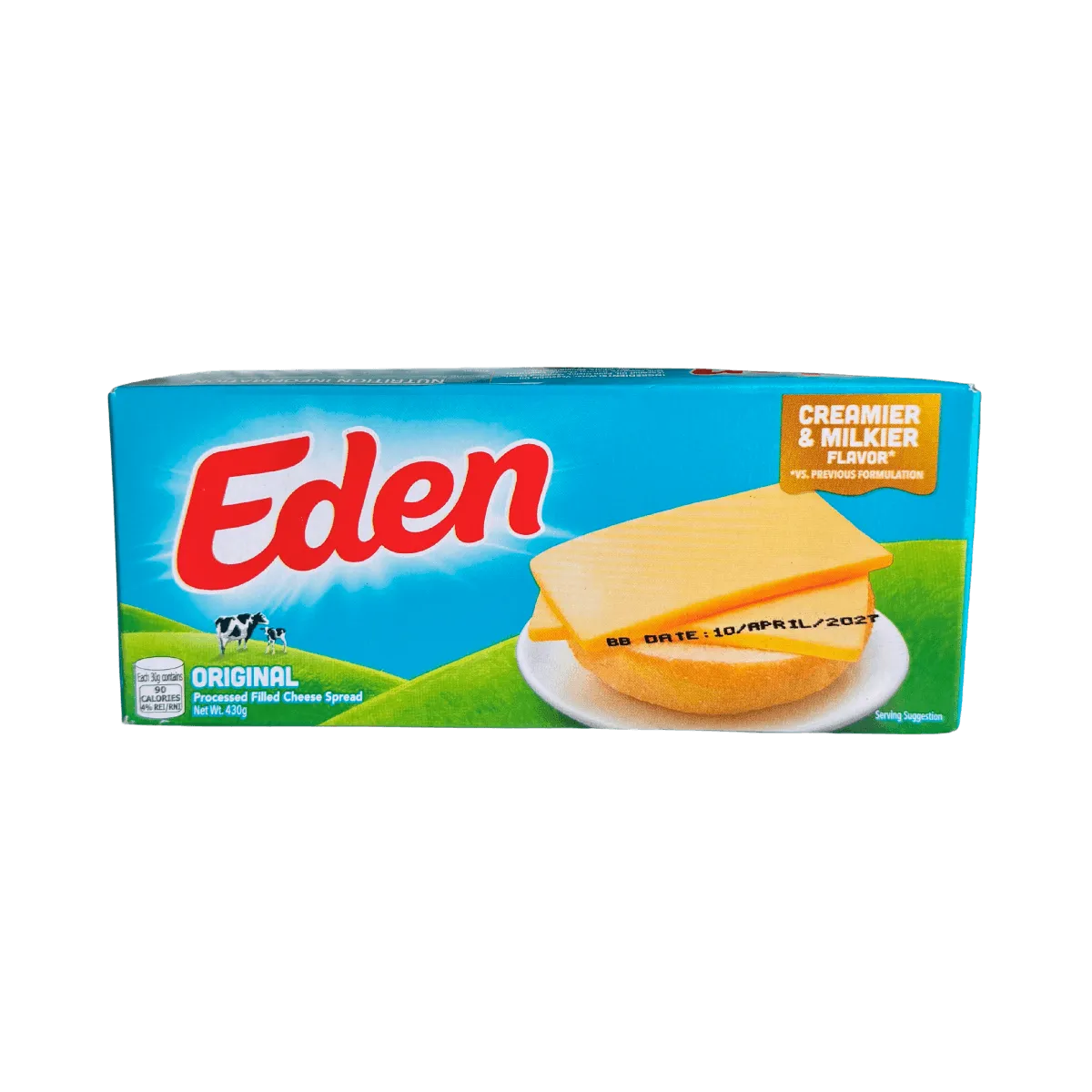 Eden cheese slices arranged neatly on a white background, showcasing their smooth texture and packaging.