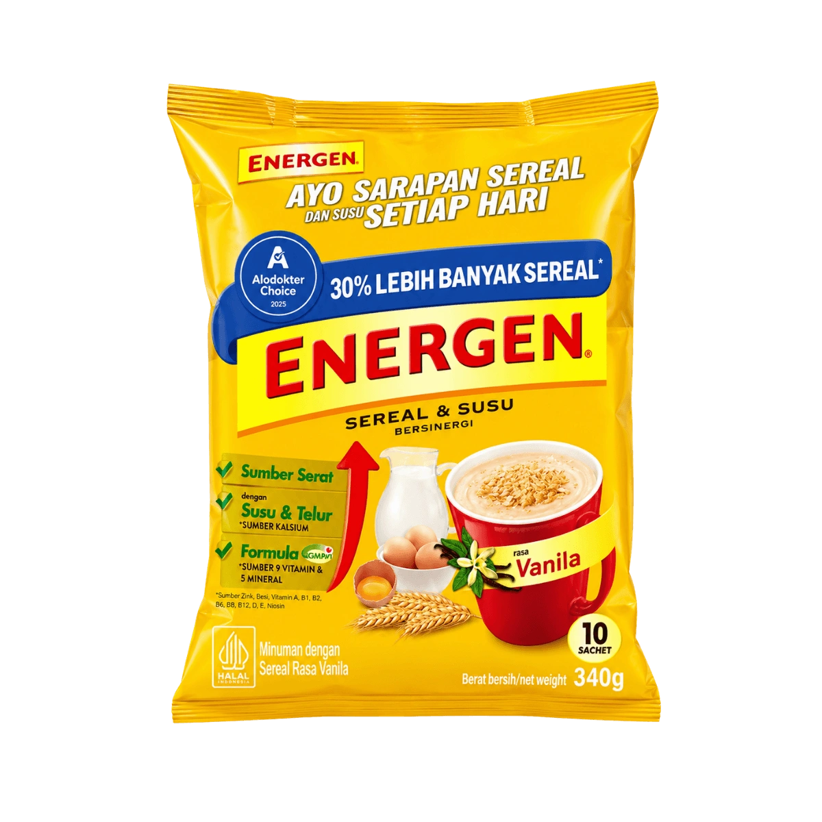 A pack of Energen Cereal Mix with Milk displayed against a solid black background.