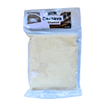 Uncooked ground cassava displayed in a clear plastic, showcasing its fine, powdery texture and pale color.