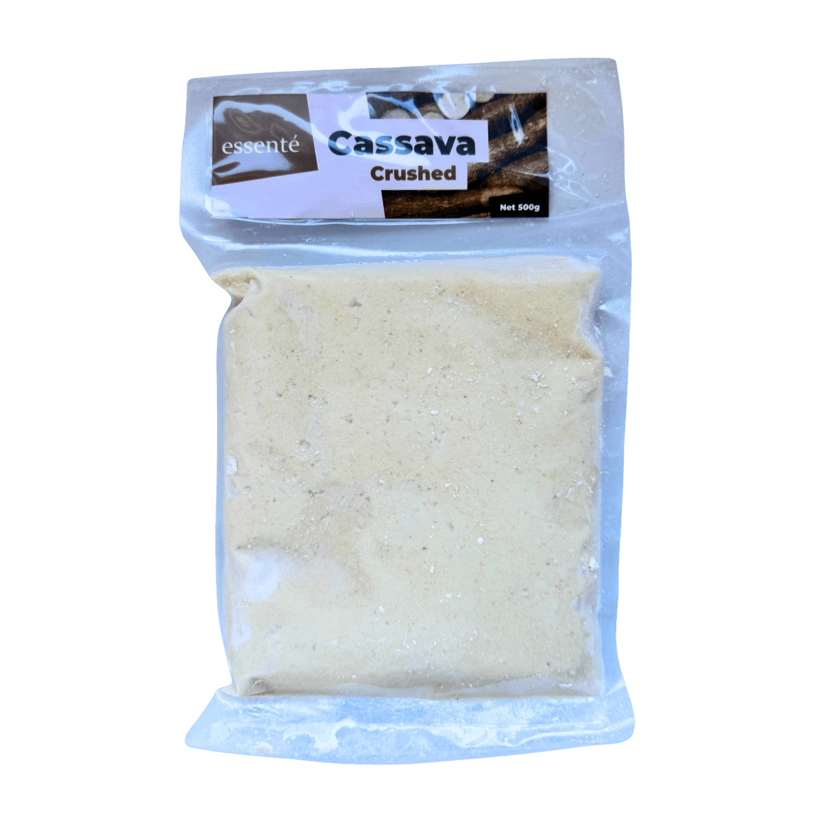 Uncooked ground cassava displayed in a clear plastic, showcasing its fine, powdery texture and pale color.