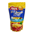 A pack of Fiesta 3 Cheese Spaghetti Sauce, featuring a colorful label with cheese illustrations and cooking suggestions.