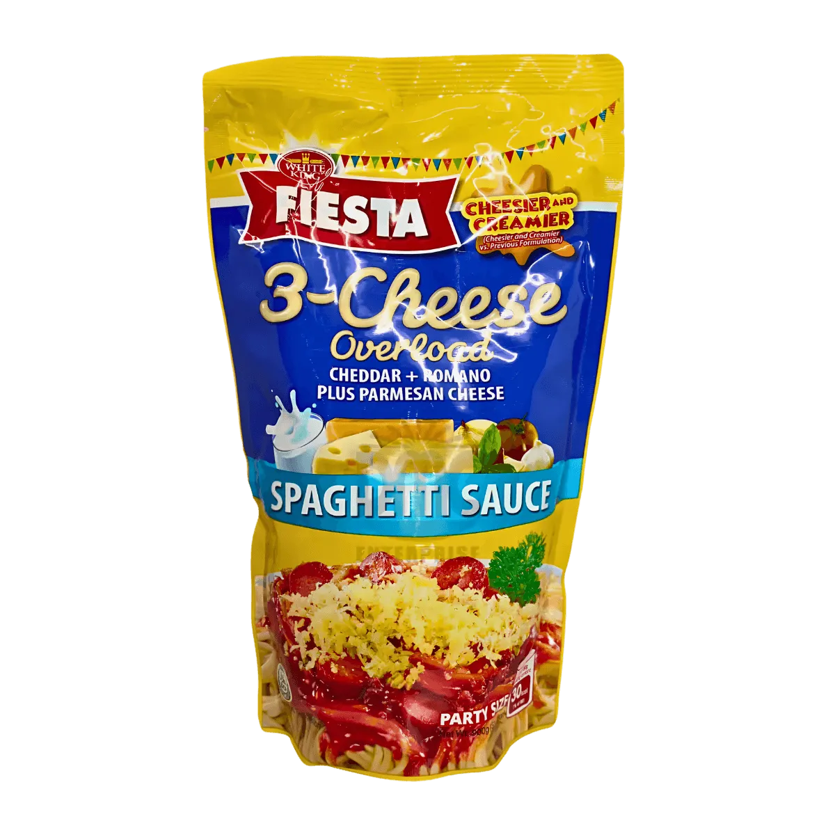 A pack of Fiesta 3 Cheese Spaghetti Sauce, featuring a colorful label with cheese illustrations and cooking suggestions.