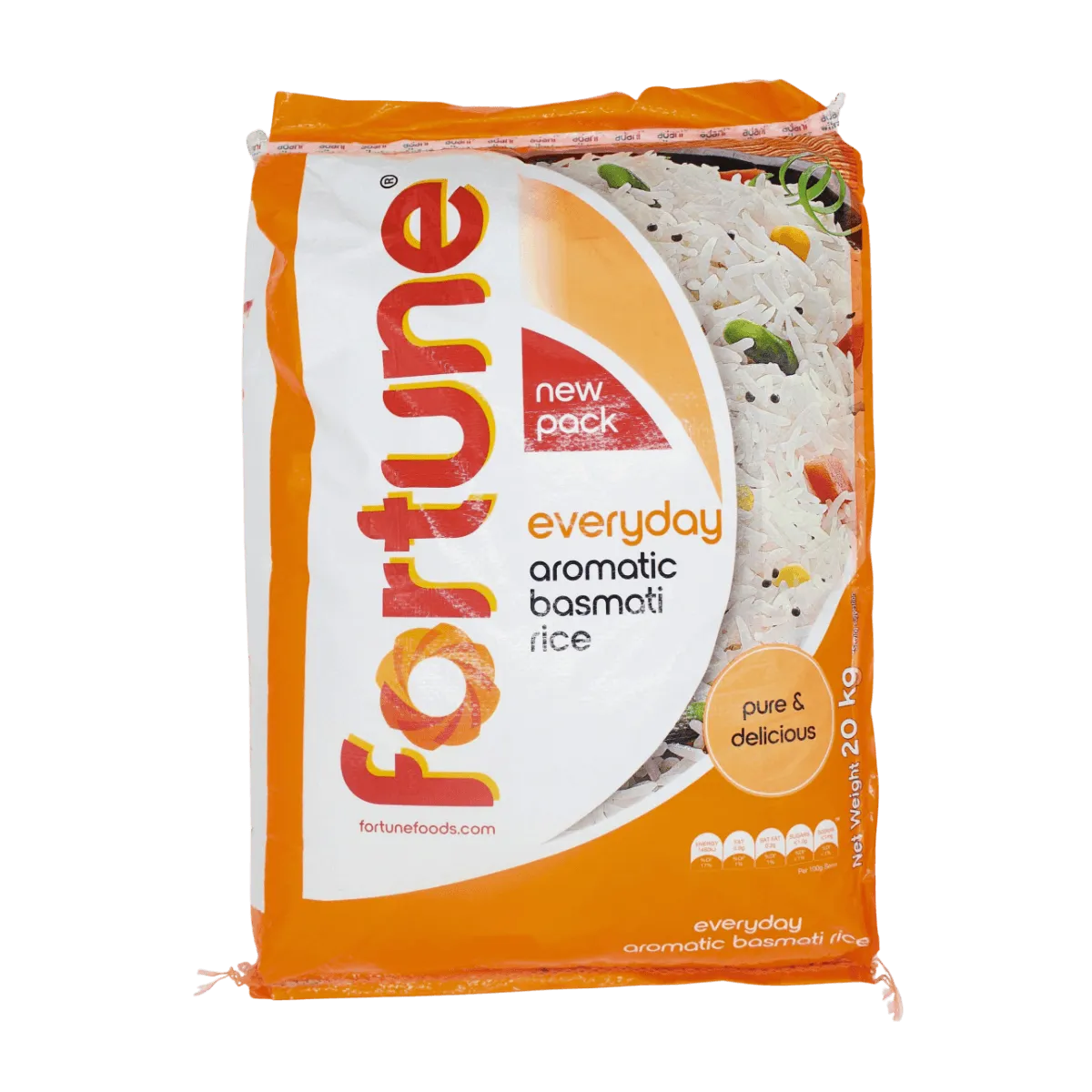 A 20kg bag of Fortune Everyday Rice, featuring a colorful design and brand logo prominently displayed on the packaging.