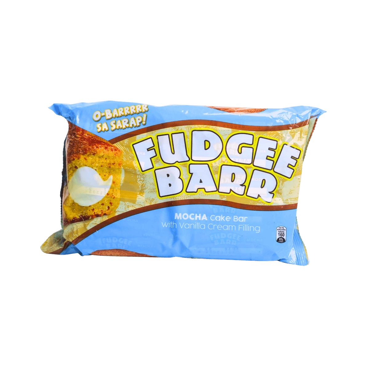 A Fudgee Barr chocolate bar featuring a cream-filled center, wrapped in a colorful packaging.