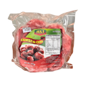 A bag of frozen chorizo displayed against a black background, showcasing the vibrant red color of the chorizo.