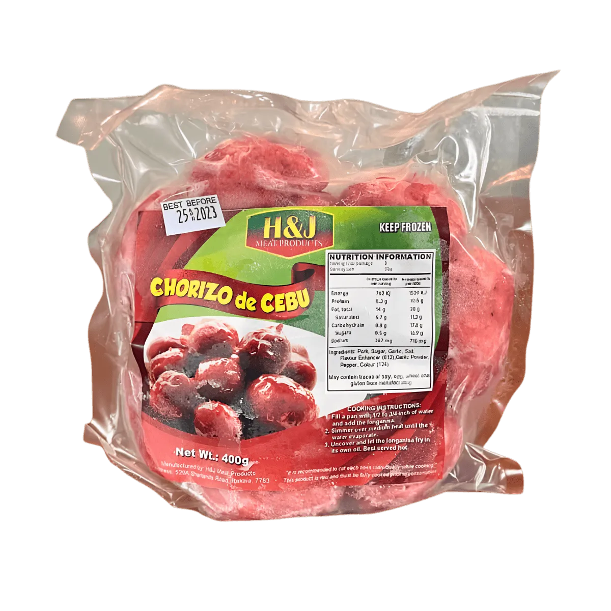 A bag of frozen chorizo displayed against a black background, showcasing the vibrant red color of the chorizo.