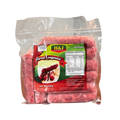 A bag of meat sausage displayed in clear plastic packaging, showcasing the product's shape and color.