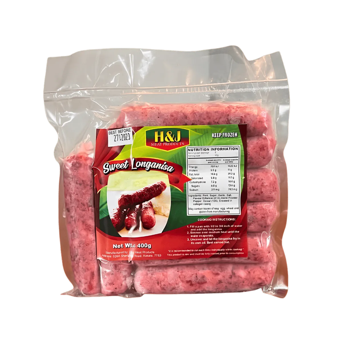 A bag of meat sausage displayed in clear plastic packaging, showcasing the product's shape and color.