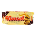 A package of Hansel chocolate sandwich cookies featuring a rich chocolate filling between two dark cookies.