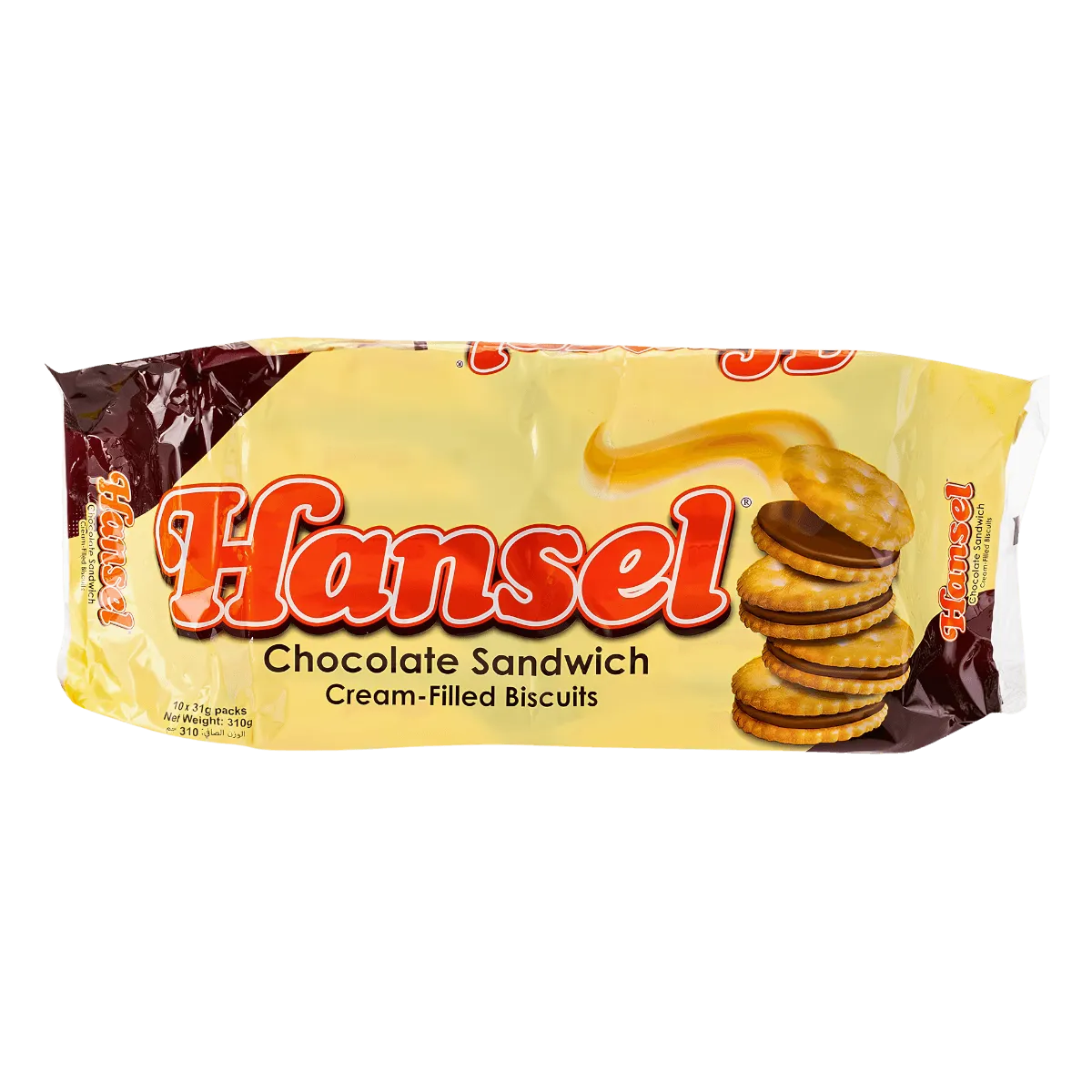 A package of Hansel chocolate sandwich cookies featuring a rich chocolate filling between two dark cookies.