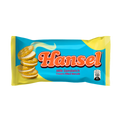 Hansel cookies in a yellow and blue wrapper, showcasing a snack bar with a sweet treat inside.