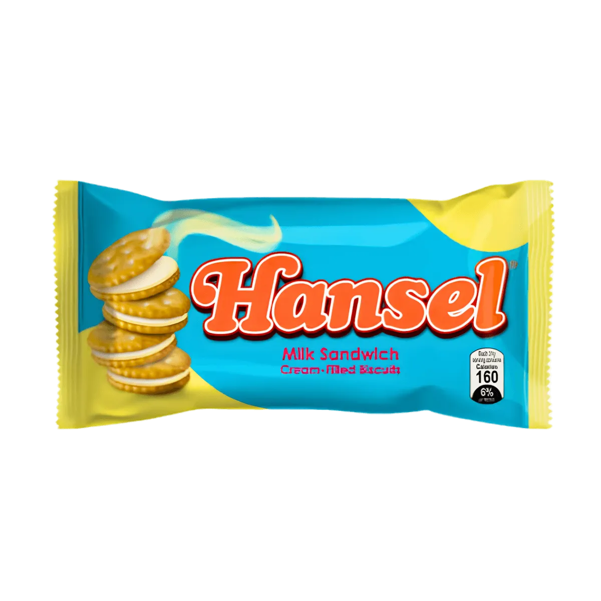 Hansel cookies in a yellow and blue wrapper, showcasing a snack bar with a sweet treat inside.