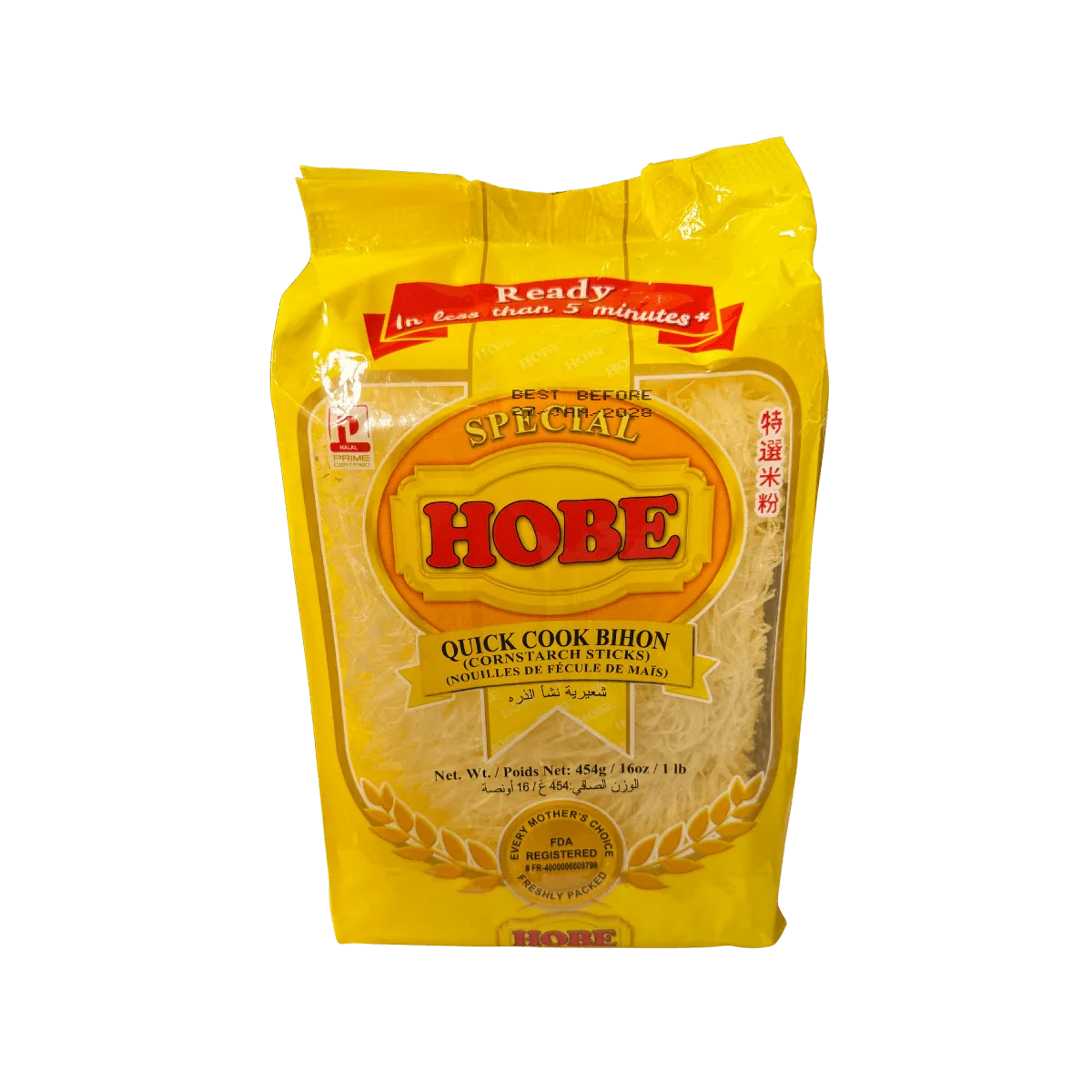 A 454g package of Hobe special quick cook bihon, featuring a colorful design and clear product labeling.