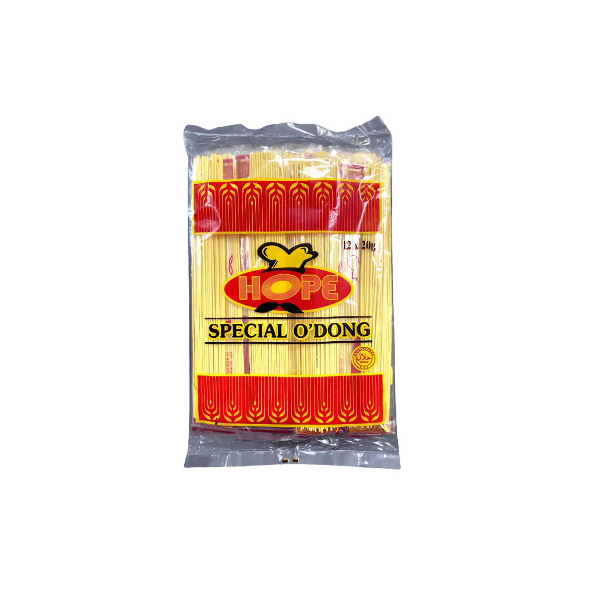 A bag of noodles featuring a vibrant yellow and red design, prominently displaying the brand name and product details.