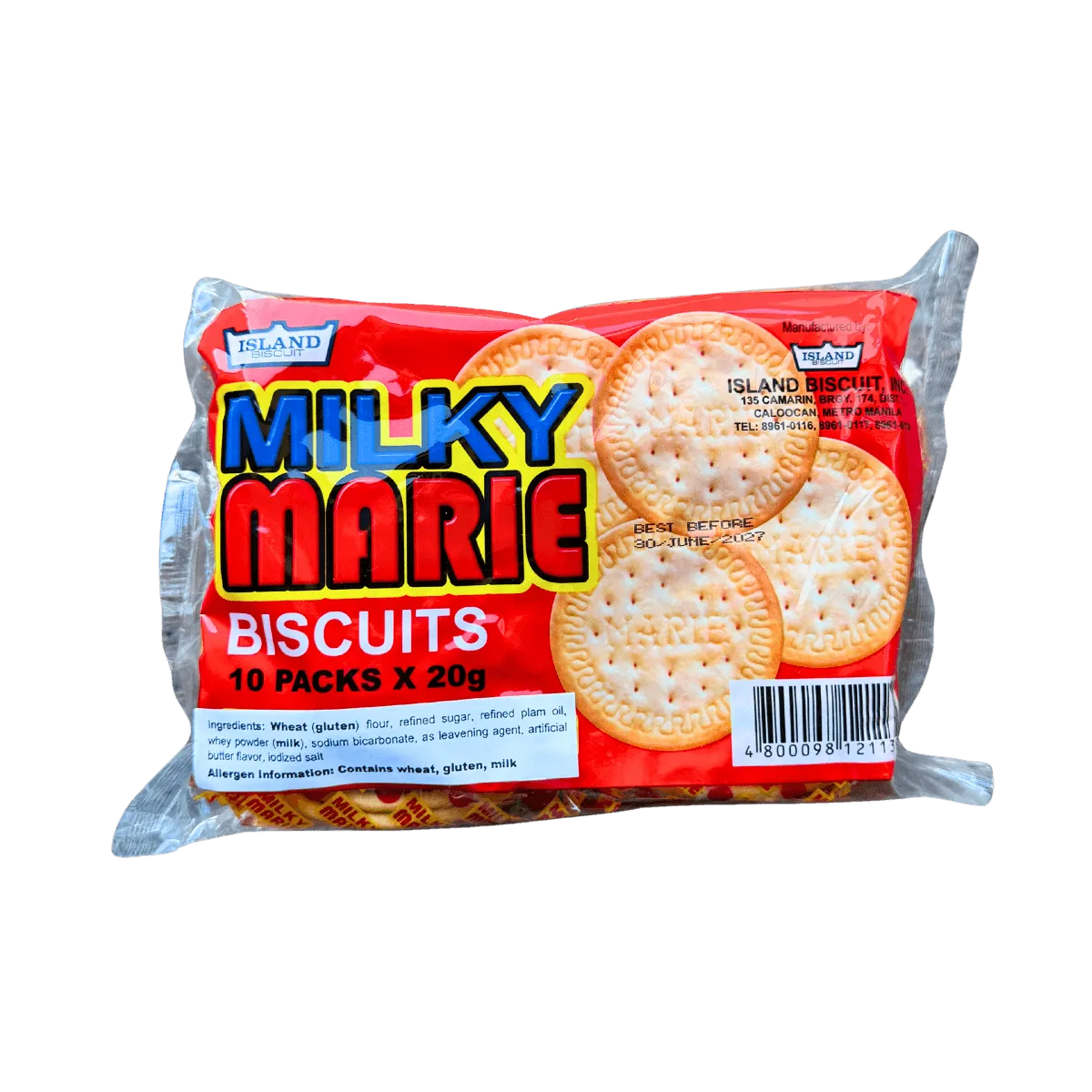 A bag of Milky Marie biscuits, showcasing the packaging design and the biscuits inside.