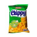 A bag of chips displayed against a solid black background, showcasing its colorful packaging.