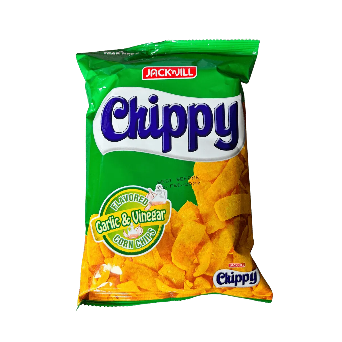A bag of chips displayed against a solid black background, showcasing its colorful packaging.