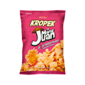 A close-up of a package of Kropek ni Mang Juan featuring spicy fried pusit flavor, showcasing vibrant packaging and product details.