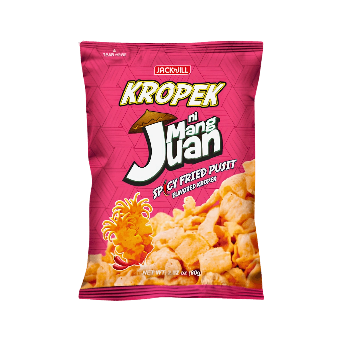 A close-up of a package of Kropek ni Mang Juan featuring spicy fried pusit flavor, showcasing vibrant packaging and product details.