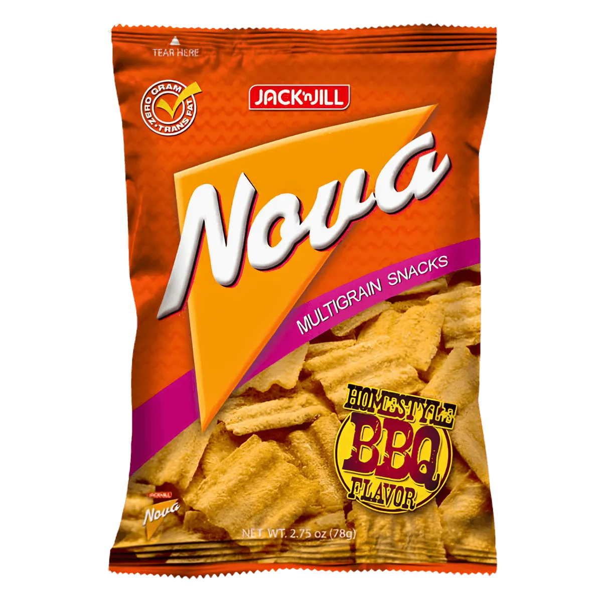 A bag of Nova BBQ chips, showcasing the vibrant packaging and logo prominently displayed on the front.
