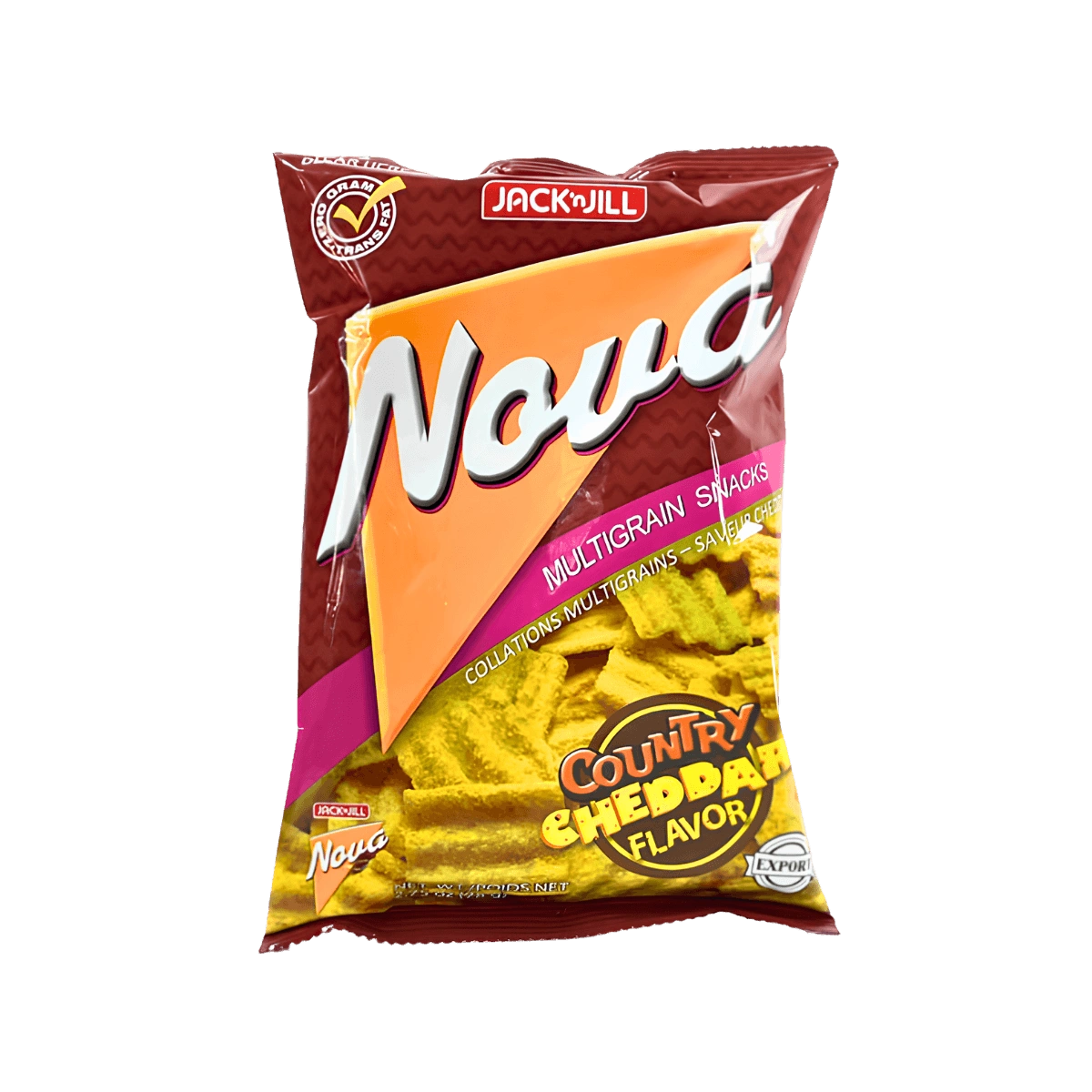 A bag of Nova chips displayed with a handful of chips beside it, showcasing the product's packaging and texture.