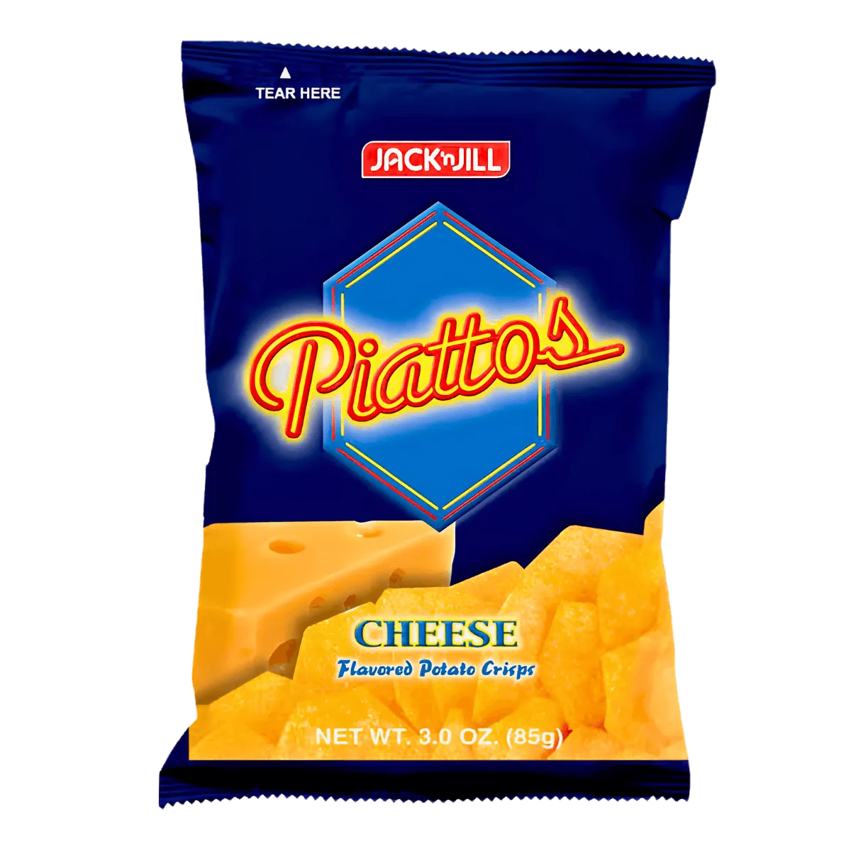 A bag of Piattos in cheese flavor, featuring a vibrant label with the brand name and product details prominently displayed.