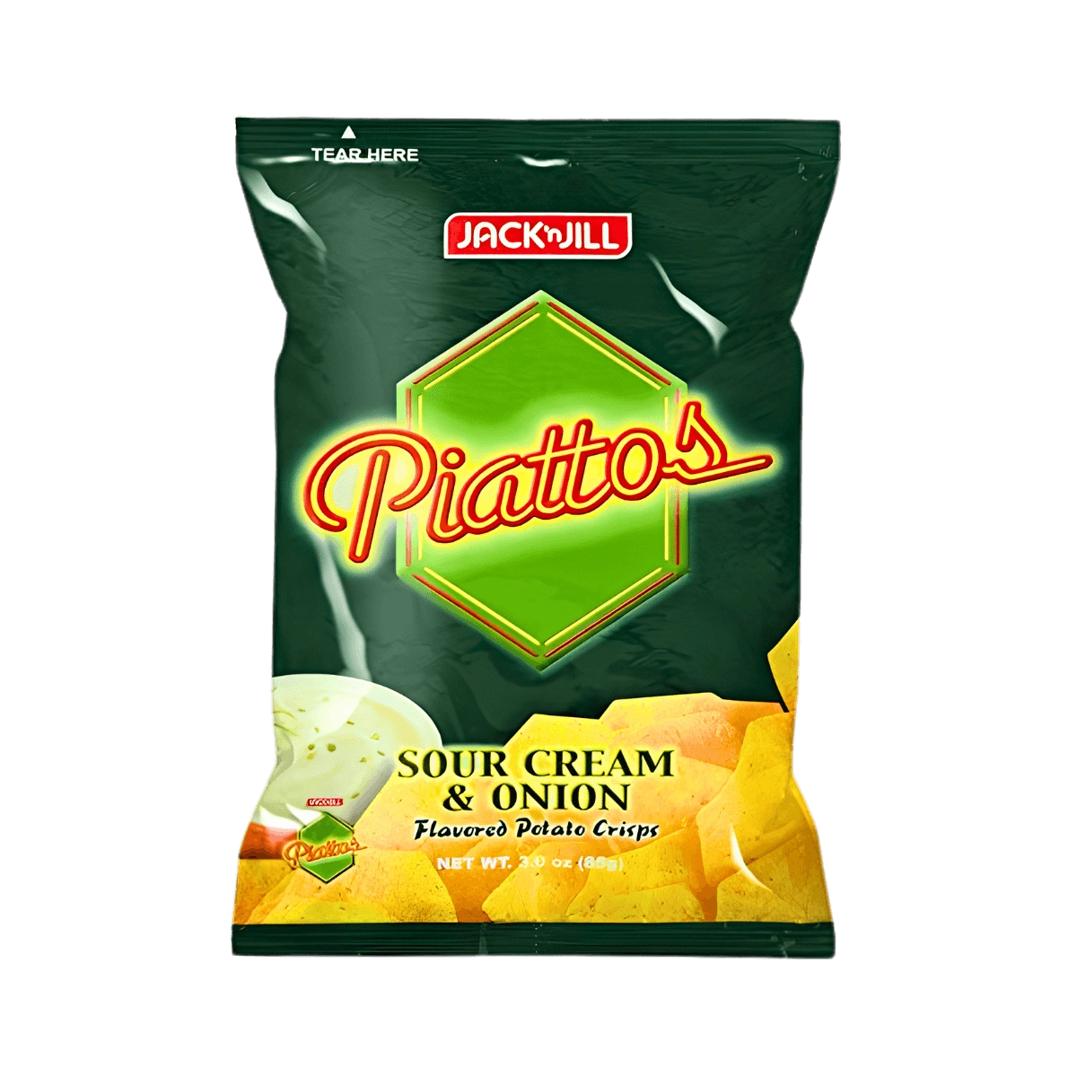 A bag of Piattos sour cream potato chips, showcasing the brand logo and vibrant packaging design.