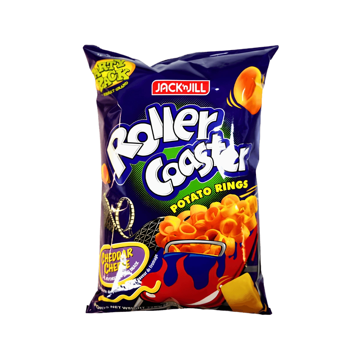 Potato chips bag labeled "roller coaster," showcasing a playful design that suggests a fun snacking experience.