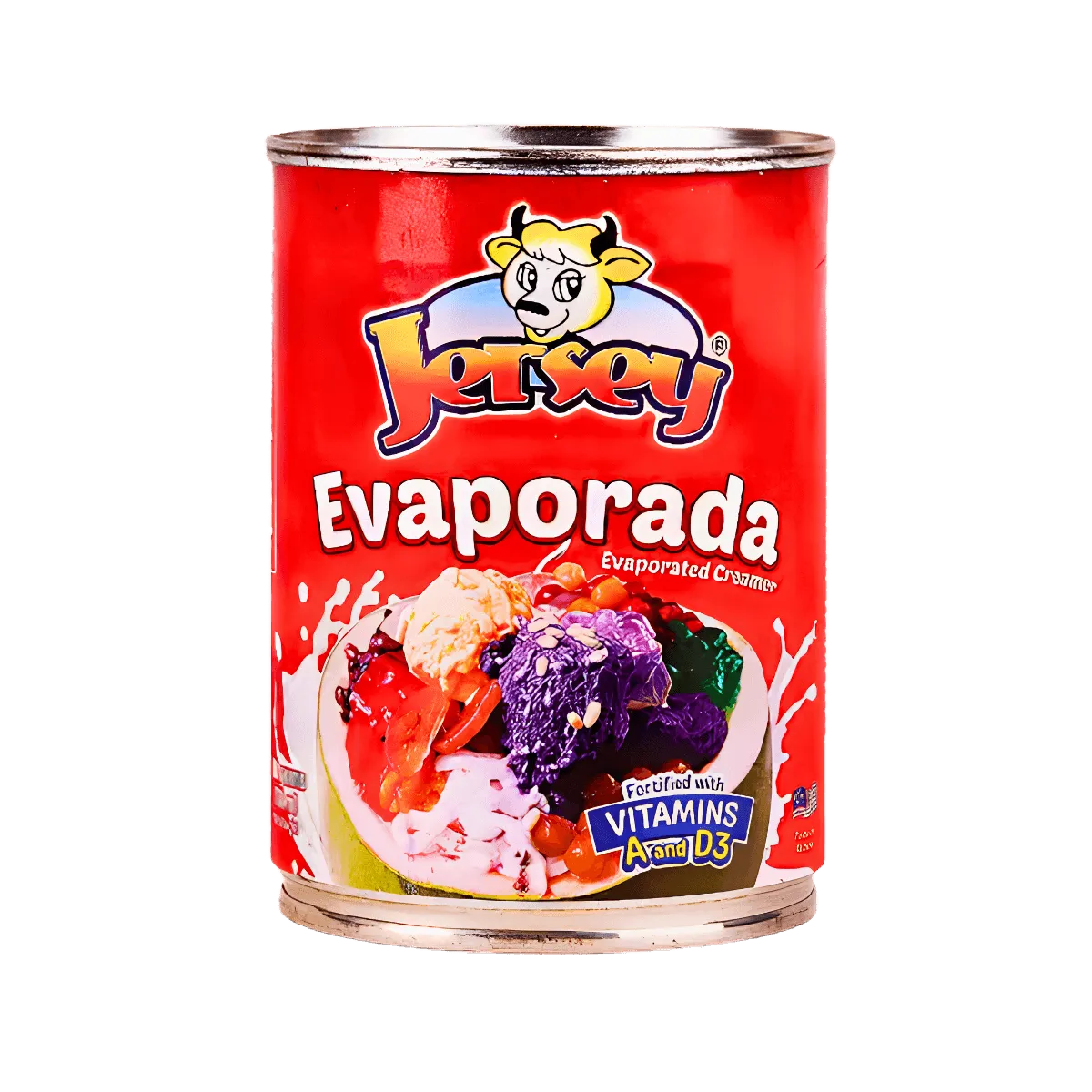 A can of Evaporada evaporated creamer featuring a colorful label and a creamy texture, placed on a wooden surface.