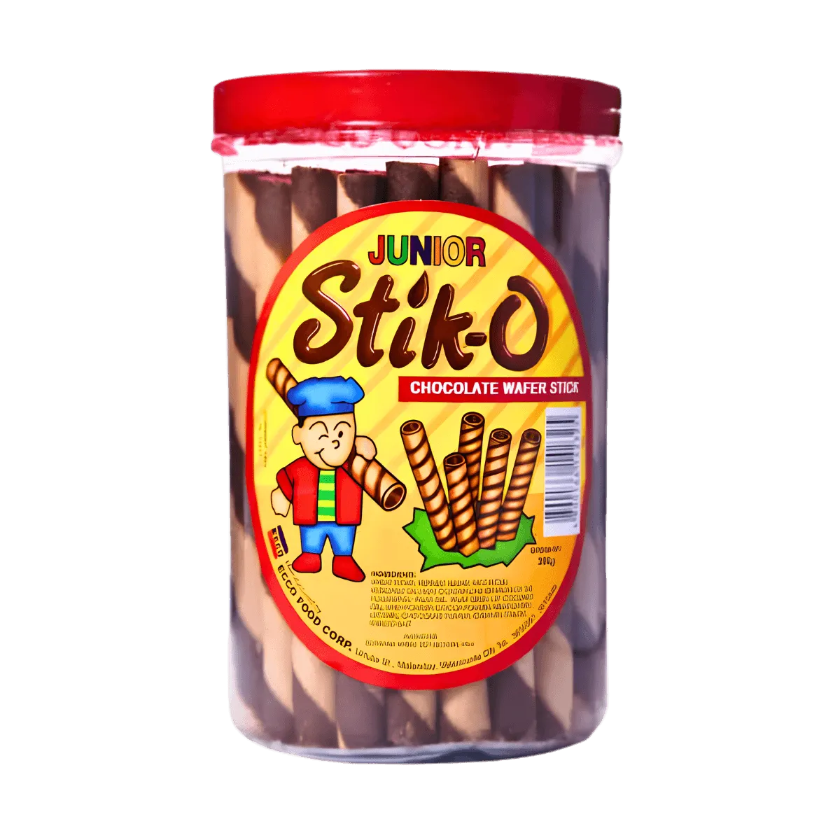 A jar of chocolate sticks featuring a smiling boy on the label, showcasing a playful and inviting design.