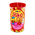 A jar of strawberry sticks featuring a smiling boy on the label, showcasing a playful and inviting design.