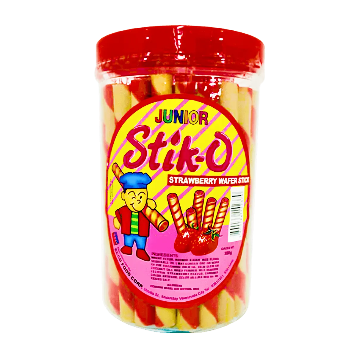A jar of strawberry sticks featuring a smiling boy on the label, showcasing a playful and inviting design.