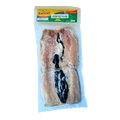 A clear plastic bag containing a package of fish, showcasing the product's label and contents.