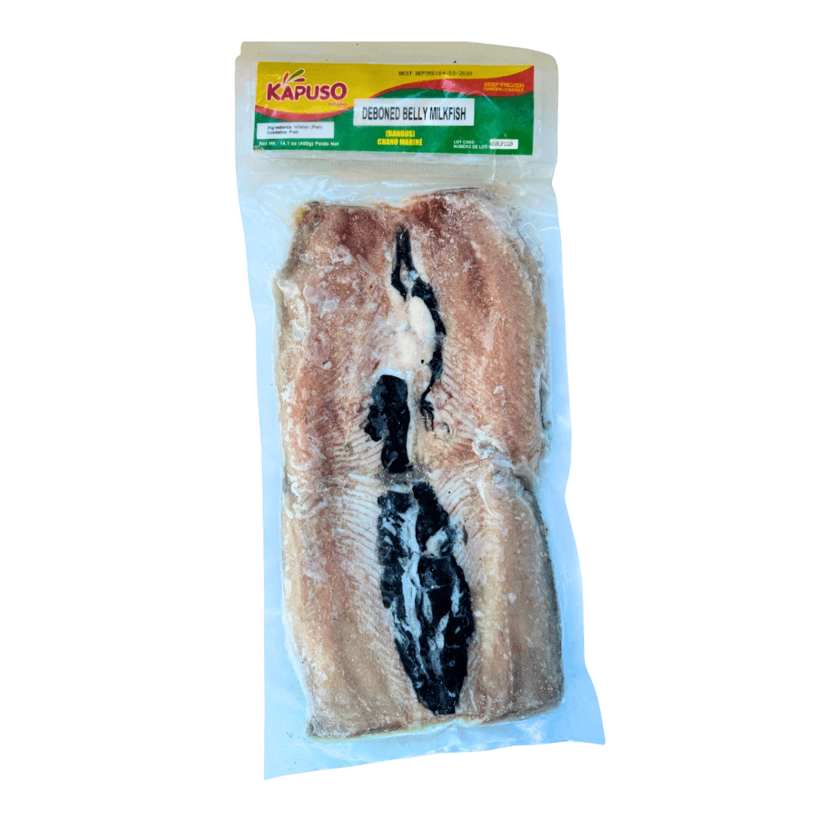 A clear plastic bag containing a package of fish, showcasing the product's label and contents.