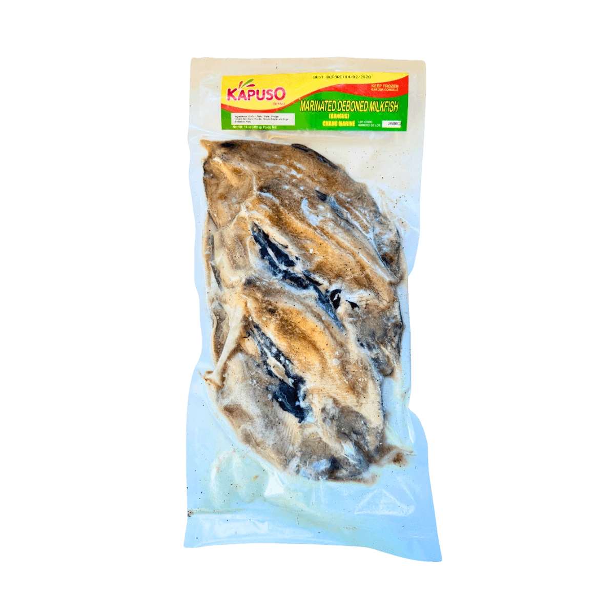A bag of fish displayed on a black background, showcasing the fish's colors and textures.