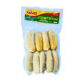 A plastic bag containing several ripe bananas, showcasing their yellow color and curved shape.