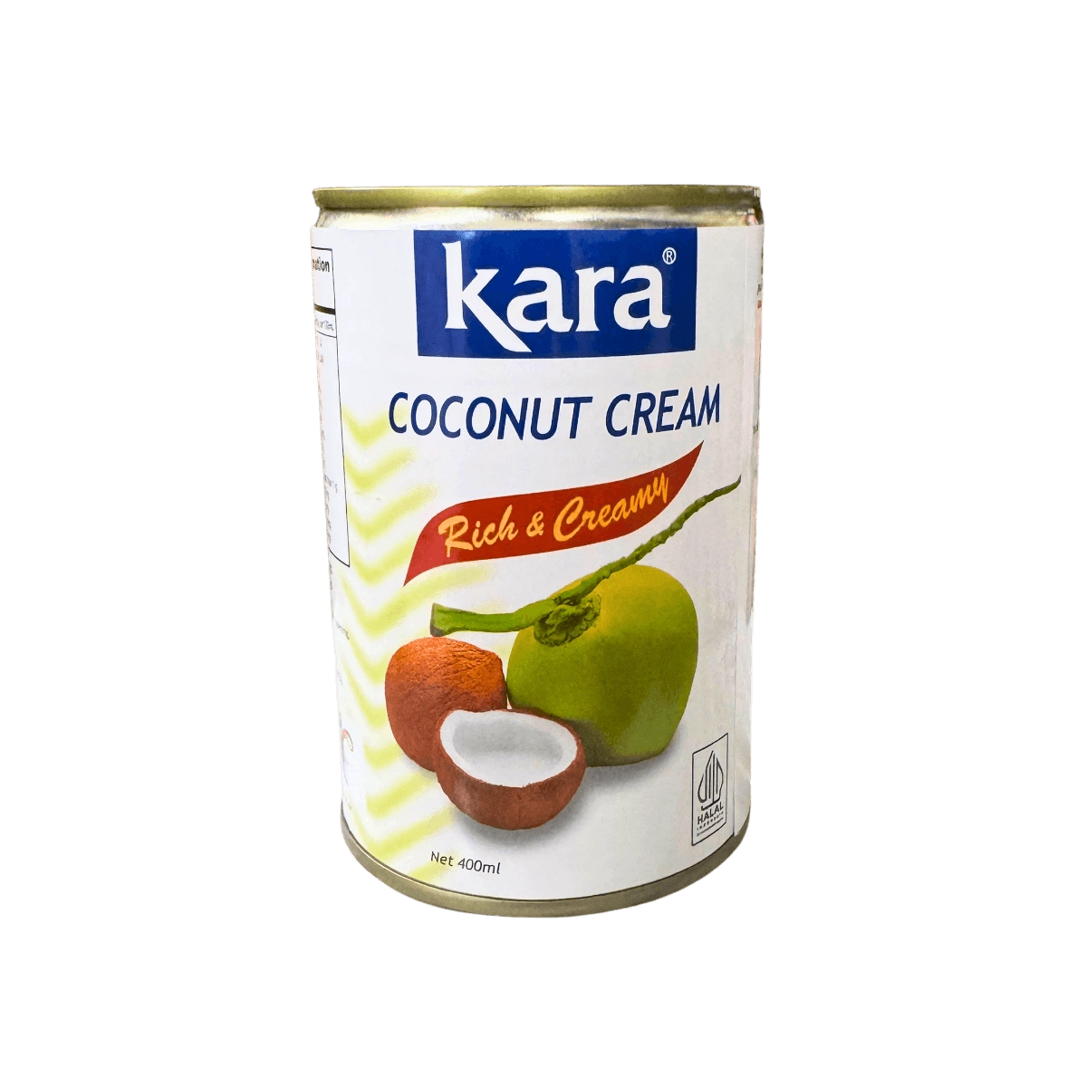 A can of Kara coconut cream, featuring a vibrant label with a coconut illustration and product details prominently displayed.